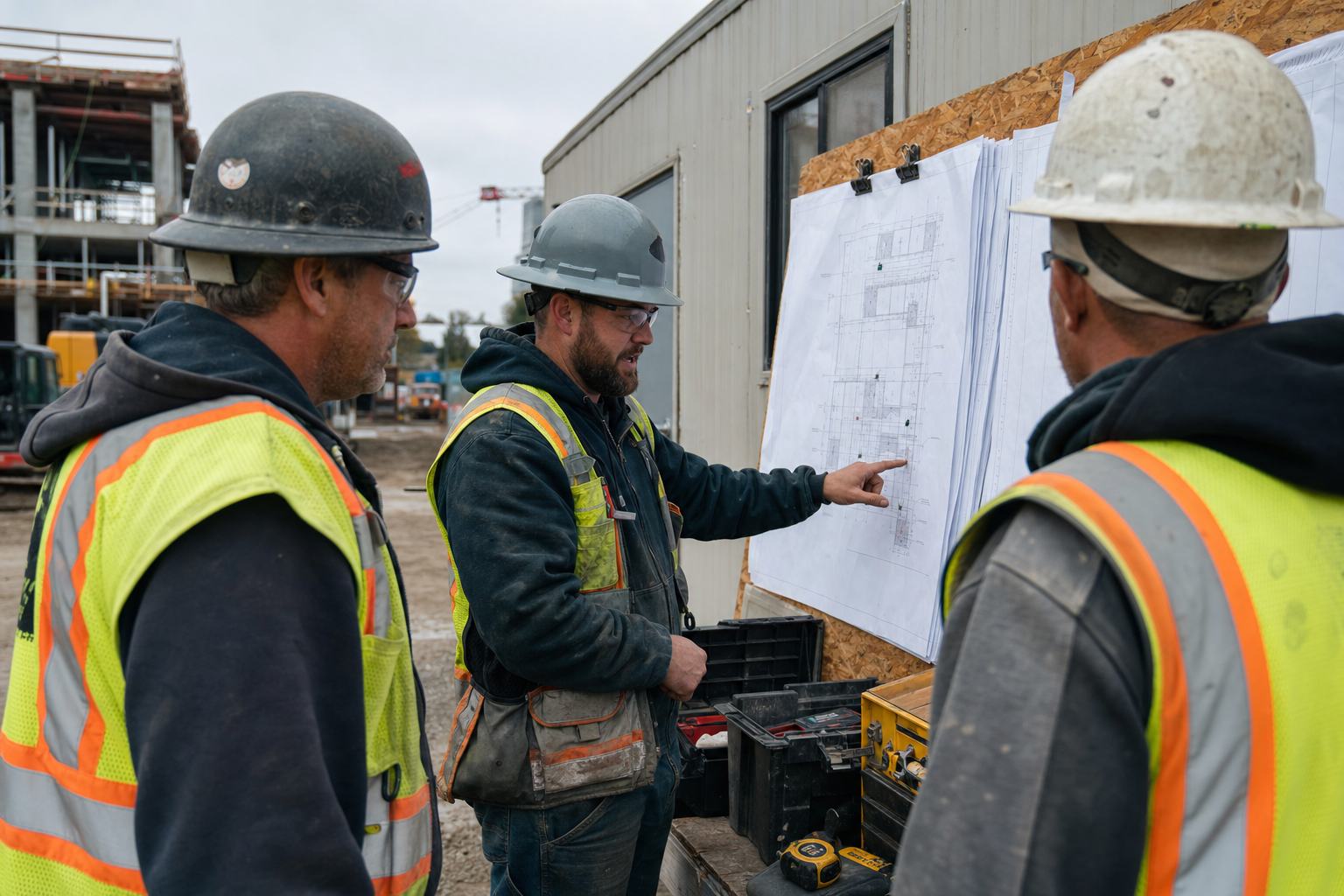 Construction leaders working through project plans together on an active jobsite