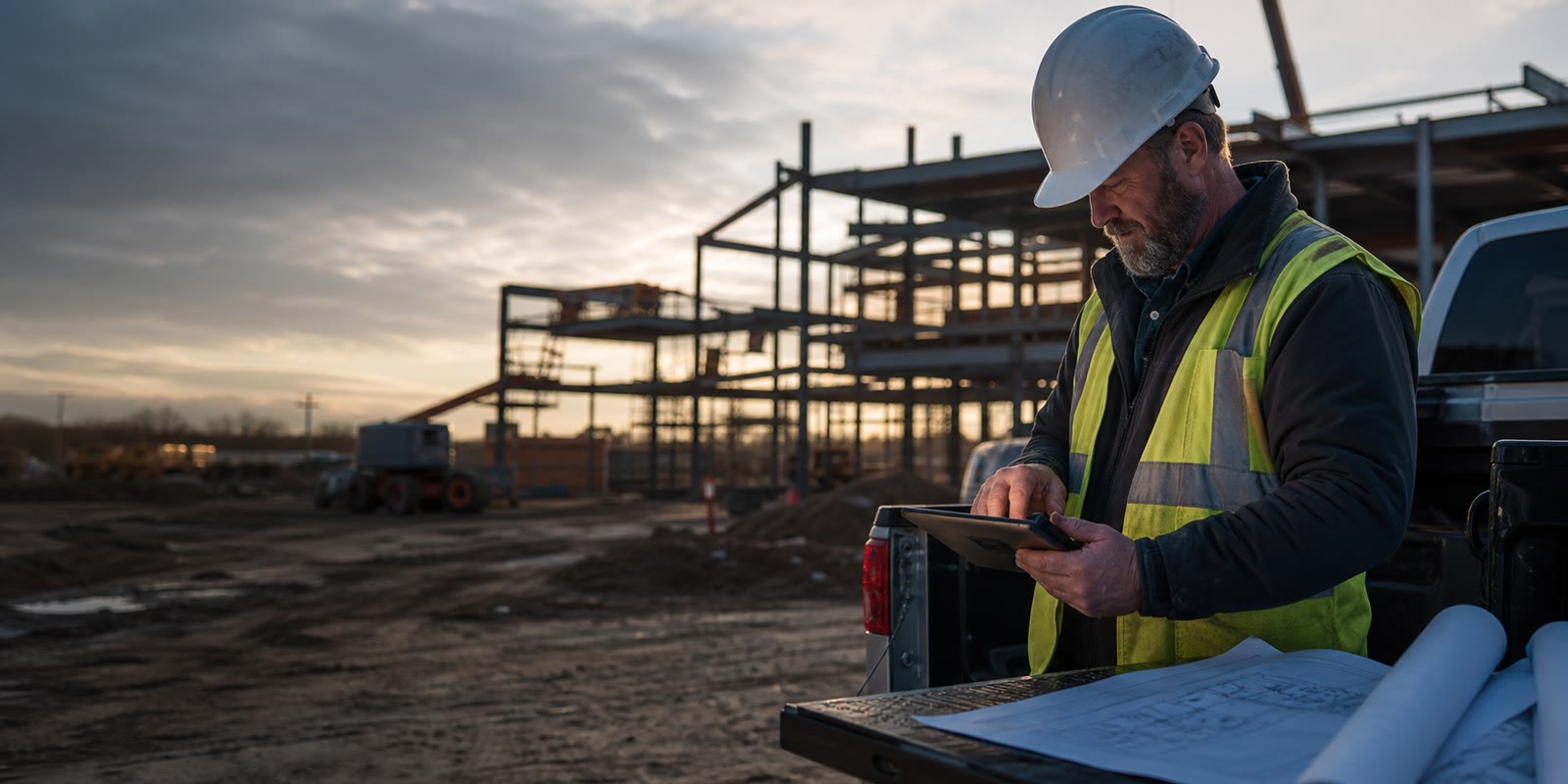 A construction leader working from project plans on an active jobsite