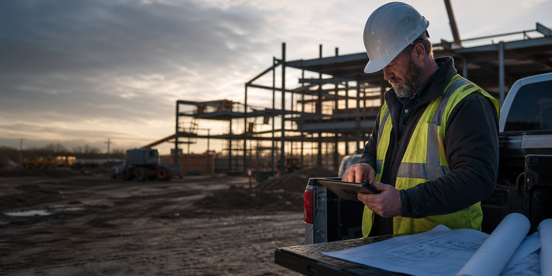 A construction leader working from project plans on an active jobsite