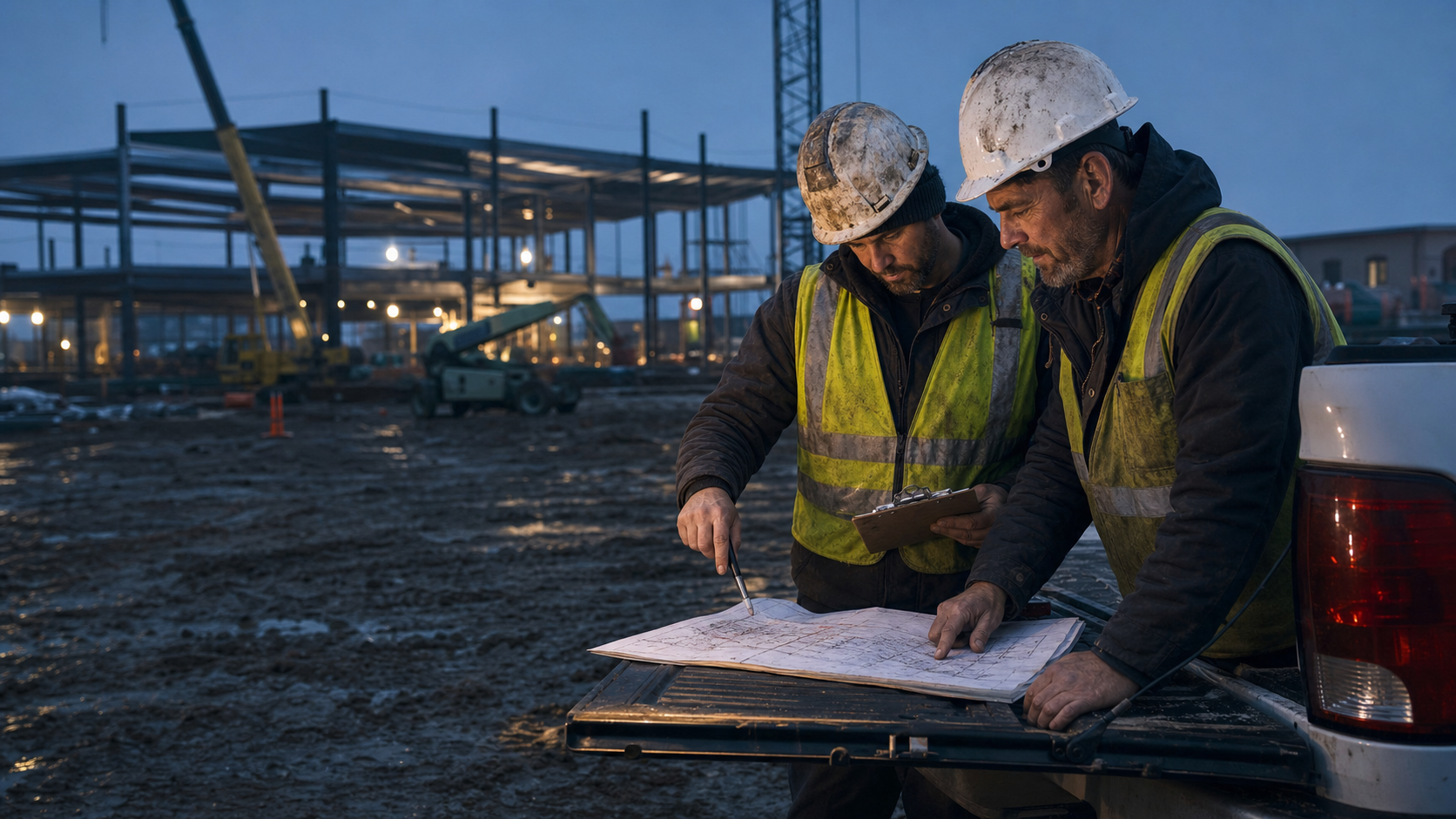 Two construction leaders reviewing project plans together on an active jobsite